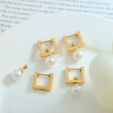 Pendientes colgantes de acero de titanio cuadrados de estilo francés con incrustaciones de perlas artificiales Pendientes de acero inoxidable