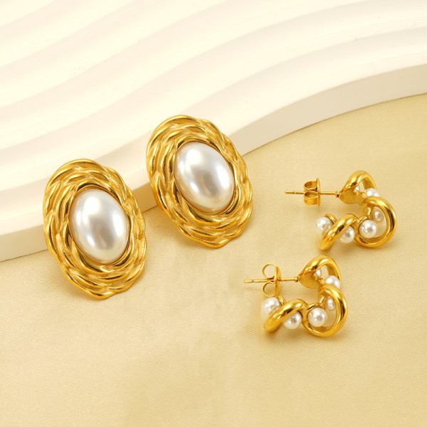 Pendientes chapados en oro de 18K, elegantes, ovalados irregulares, Color sólido, pulido, incrustaciones, perlas de agua dulce de acero inoxidable, 1 par