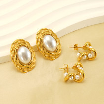 Pendientes chapados en oro de 18K, elegantes, ovalados irregulares, Color sólido, pulido, incrustaciones, perlas de agua dulce de acero inoxidable, 1 par
