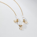 Collar con colgante chapado en oro de 18 quilates, elegante, con perlas de estrella, acero inoxidable, chapado en plástico