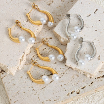 1 par de pendientes elegantes chapados en Color sólido de estilo barroco con perlas de imitación de acero y titanio chapados en oro de 18 quilates