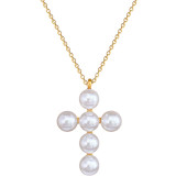 Collar con colgante de perlas artificiales con incrustaciones de acero de titanio y cruz de estilo coreano moderno básico