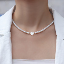 Collar con cuentas de concha de perla de imitación de acero inoxidable en forma de corazón para mujer