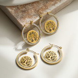 1 par de pendientes chapados en oro de 18 quilates con circonita y acero de titanio con incrustaciones de árbol de estilo clásico y estilo simple