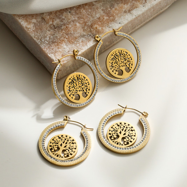 1 par de pendientes chapados en oro de 18 quilates con circonita y acero de titanio con incrustaciones de árbol de estilo clásico y estilo simple