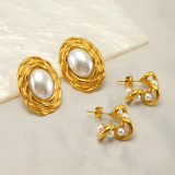 Pendientes chapados en oro de 18K, elegantes, ovalados irregulares, Color sólido, pulido, incrustaciones, perlas de agua dulce de acero inoxidable, 1 par