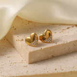 Pendientes con forma de corazón de acero inoxidable, chapados en oro, con diamantes artificiales, 1 par