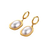Pendientes colgantes de perlas artificiales con incrustaciones de acero de titanio geométrico retro 1 par