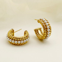 1 par de pendientes chapados en oro con perlas artificiales de acero inoxidable con incrustaciones de pulido en forma de C lujoso Estilo Vintage elegante