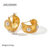 1 par de pendientes chapados en oro de 18 quilates con incrustaciones de acero inoxidable y perlas artificiales de estilo clásico elegante