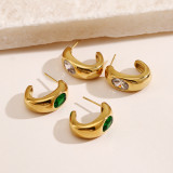 1 par de aretes chapados en oro de 18K con incrustaciones de circonita y revestimiento de acero inoxidable en forma de C Retro