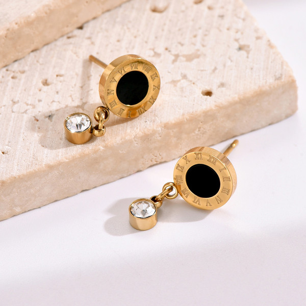 Pendientes colgantes chapados en oro de 14K, elegantes, redondos, de acero inoxidable, con incrustaciones de diamantes de imitación acrílicos, estilo Vintage, 1 par