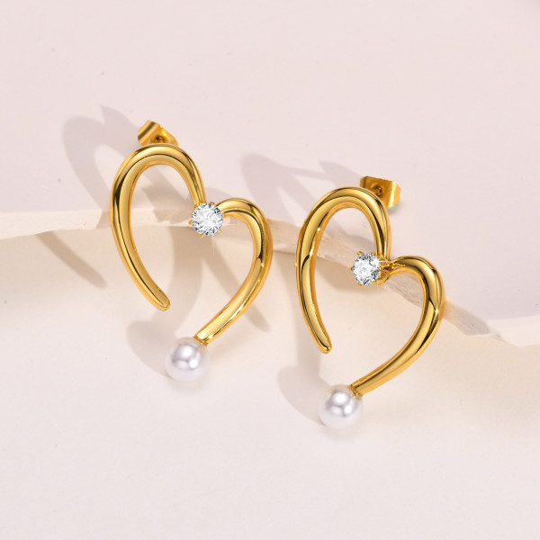 Pendientes de circonita con incrustaciones de perlas artificiales de acero inoxidable con forma de corazón geométrico a la moda, 1 par
