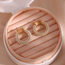 Pendientes de aro chapados en oro con perlas artificiales y incrustaciones geométricas de acero inoxidable a la moda, 1 par