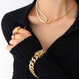 Collar de lujo ligero con costuras de perlas de agua dulce, collar de oro real de acero de titanio de 18 quilates