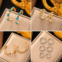 1 par 3 pares de pendientes chapados en oro de 18 quilates con incrustaciones geométricas de acero de titanio y diamantes de imitación turquesa