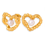 1 par de pendientes elegantes chapados en forma de corazón de estilo barroco con incrustaciones de acero de titanio y perlas artificiales chapados en oro de 18 quilates