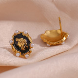 Pendientes chapados en oro de 18K con incrustaciones de perlas artificiales, retrato de estilo francés, estilo Vintage, 1 par