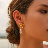 1 par de pendientes colgantes chapados en oro de 18K con incrustaciones de ojo de diablo de estilo Simple y perlas de acero inoxidable