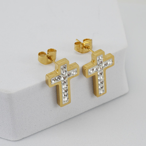 Pendientes de acero inoxidable con diamantes de imitación y tachuelas de acero de titanio con cruz de estilo simple