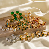 1 par de pendientes elegantes y lujosos con incrustaciones de acero inoxidable en forma de C, perlas artificiales, circonitas, chapados en oro de 18 quilates