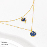 Collares de doble capa chapados en oro con incrustaciones de turquesa y diamantes de imitación chapados en acero inoxidable estilo clásico informal Sol Estrella Luna