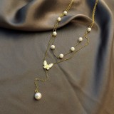 Collares de doble capa chapados en oro de acero de titanio de mariposa de estilo simple a granel