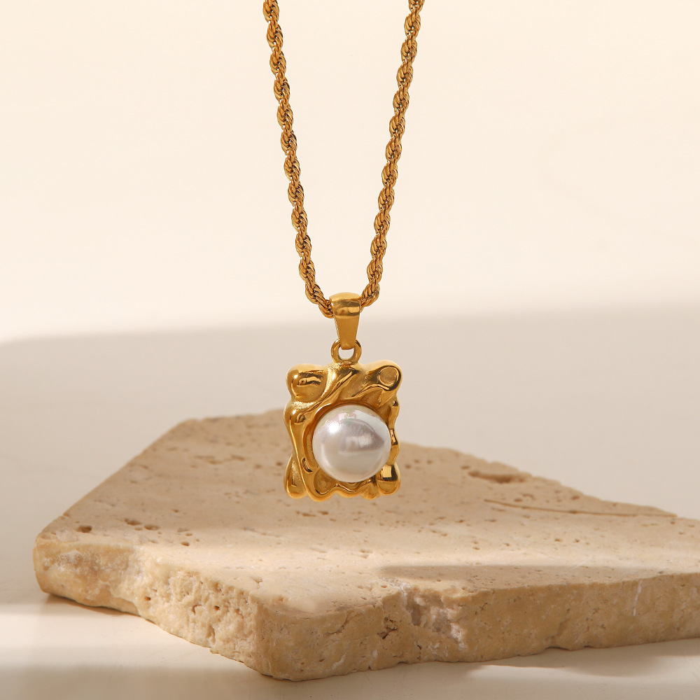 Collar con colgante de perlas artificiales, chapado en oro, geométrico, elegante, de acero inoxidable