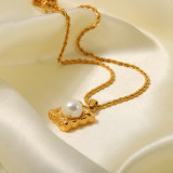 Collar con colgante de perlas artificiales, chapado en oro, geométrico, elegante, de acero inoxidable