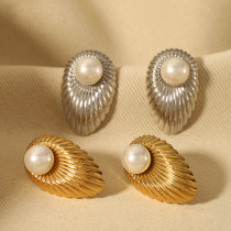 Pendientes chapados en oro de 18K con incrustaciones geométricas, aretes chapados en oro de 18K, perlas de agua dulce de acero inoxidable, estilo nórdico elegante, 1 par