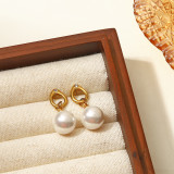 Pendientes colgantes de circonita con perlas artificiales y incrustaciones geométricas de acero inoxidable a la moda, 1 par