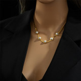 Collar De Perlas De Ópalo Con Incrustaciones De Chapado De Acero De Titanio Redondo De Moda 1 Pieza