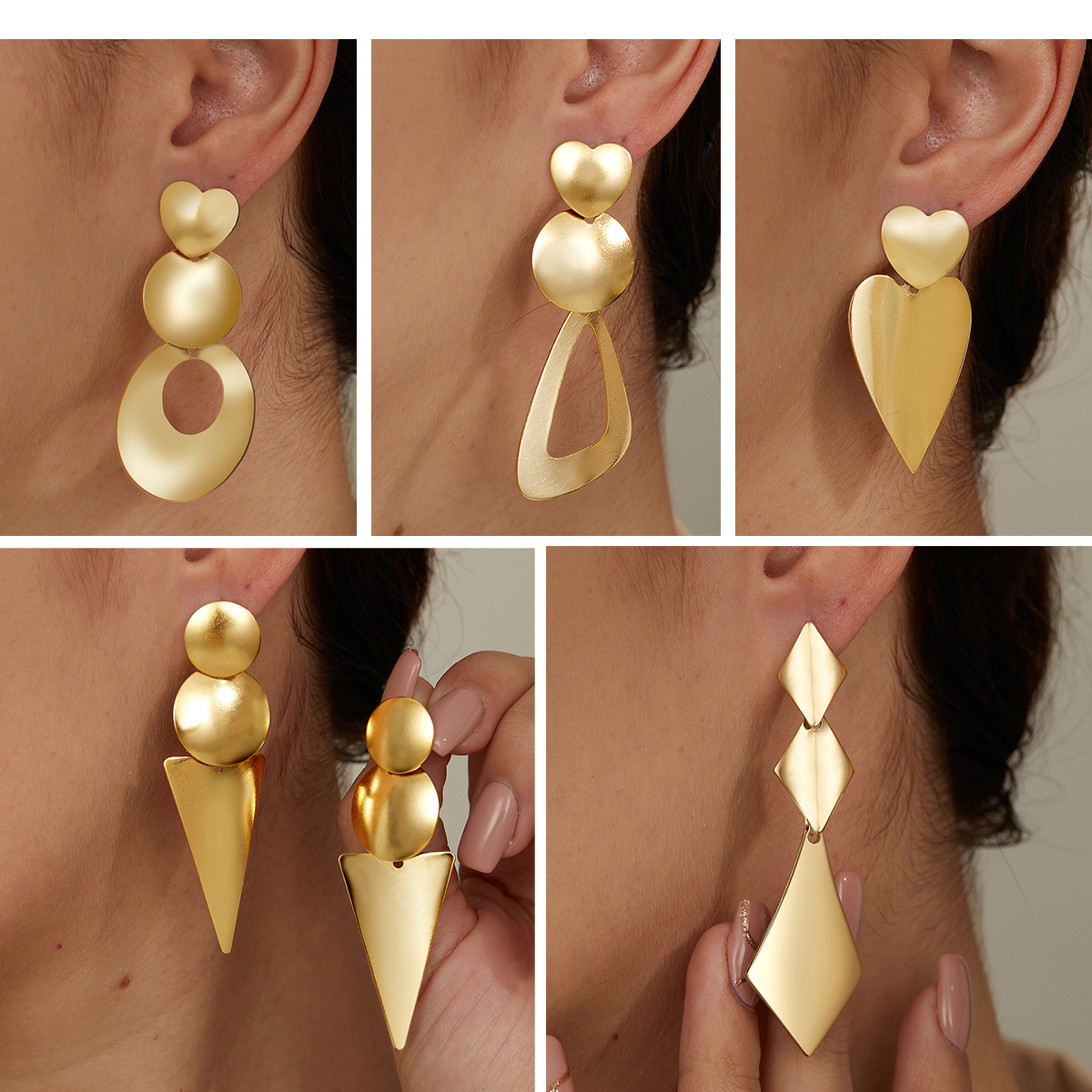 Pendientes colgantes chapados en acero inoxidable con forma de corazón geométrico triangular a la moda, 1 par