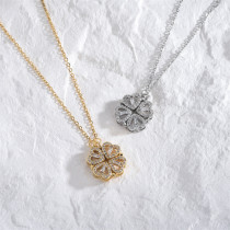 Collar chapado en oro de 18K con incrustaciones de diamantes de imitación de cobre y acero titanio trébol de cuatro hojas estilo Simple informal