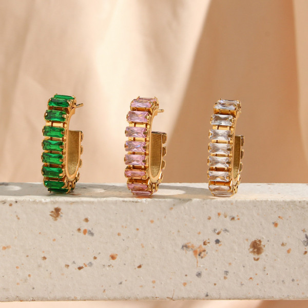 Pendientes de acero inoxidable en forma de C de moda Pendientes de acero inoxidable con circonitas plateadas