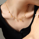 Collar de acero de titanio con forma de estrella y luna de estilo simple, collares de acero inoxidable con perlas chapadas en oro