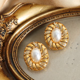 1 par de pendientes chapados en oro de 18 quilates con incrustaciones ovaladas de estilo barroco elegantes y lujosos, perlas artificiales de acero y titanio, diamantes de imitación