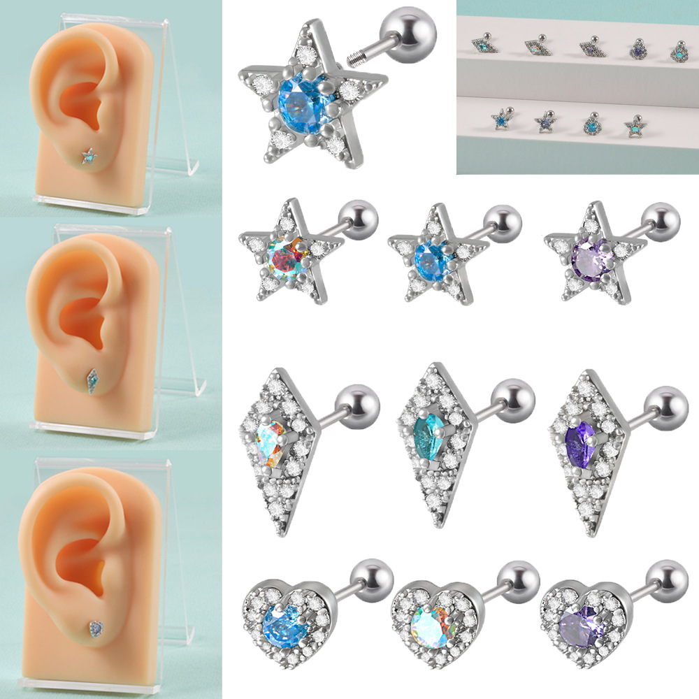 Pendientes de circón con incrustaciones de acero inoxidable con forma de corazón de estrella dulce de 1 pieza