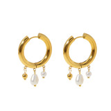 1 par de pendientes chapados en oro de 18 quilates de acero inoxidable con revestimiento de perlas redondas estilo francés IG