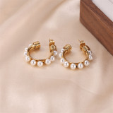 1 par de pendientes chapados en oro y perlas de acero inoxidable con incrustaciones geométricas de estilo clásico para mujer