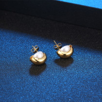 Pendientes de perlas con incrustaciones de acero de titanio redondos de estilo simple de 1 pieza