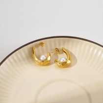 1 par de aretes chapados en oro con perlas de acero inoxidable con incrustaciones en forma de U de viaje artístico de estilo moderno