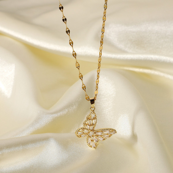 Collar de mariposa de cristal elegante, joyería de acero inoxidable de oro de 18 quilates, regalo, collar con colgante de mariposa de circón cúbico para mujer