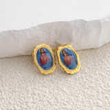 1 par de pendientes chapados en oro de estilo romano Retro con incrustaciones ovaladas de acero inoxidable con lentejuelas y diamantes de imitación chapados en oro