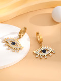 1 par de elegantes pendientes de gota chapados en oro con incrustaciones de ojos de titanio y acero con diamantes de imitación y circonitas