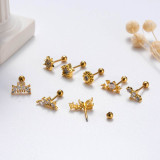 Pendientes de cartílago chapados en oro de 18K con incrustaciones de mariposa y flor de pentagrama de estilo Simple y dulce, 1 unidad