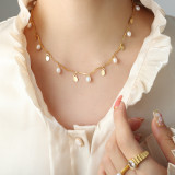 Gargantilla de acero de titanio y hoja a la moda para mujer, collares de acero inoxidable con perlas chapadas