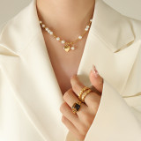 Collar de perlas artificiales con incrustaciones de acero titanio en forma de corazón retro 1 pieza