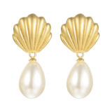 1 par de pendientes colgantes chapados en oro de 18K con revestimiento de perlas de acero inoxidable festoneado estilo barroco estilo INS