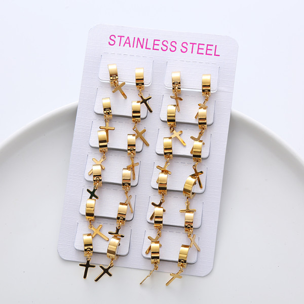 12 pares de pendientes colgantes tridimensionales de acero inoxidable con cruz de hip-hop